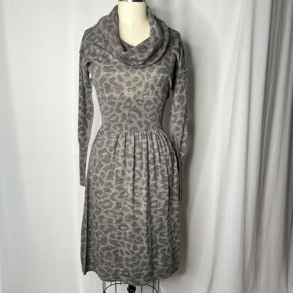 Rebecca Taylor Grey Leopard Print Cowl Neck Sweater Dress XS